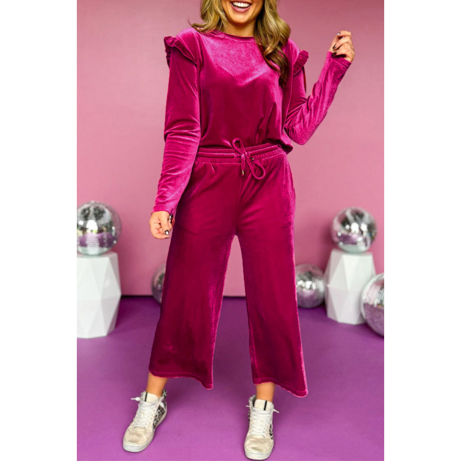 Frill Round Neck Long Sleeve Top and Pants Set Deep Rose / S Apparel and Accessories