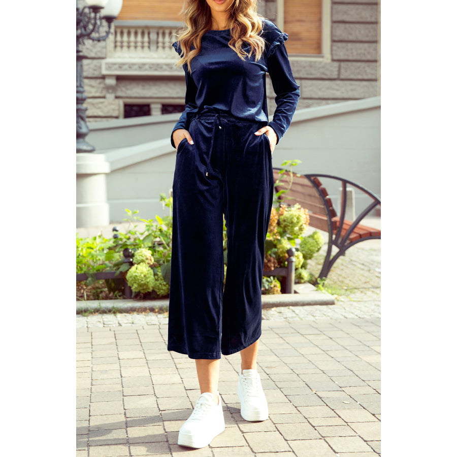 Frill Round Neck Long Sleeve Top and Pants Set Indigo / S Apparel and Accessories