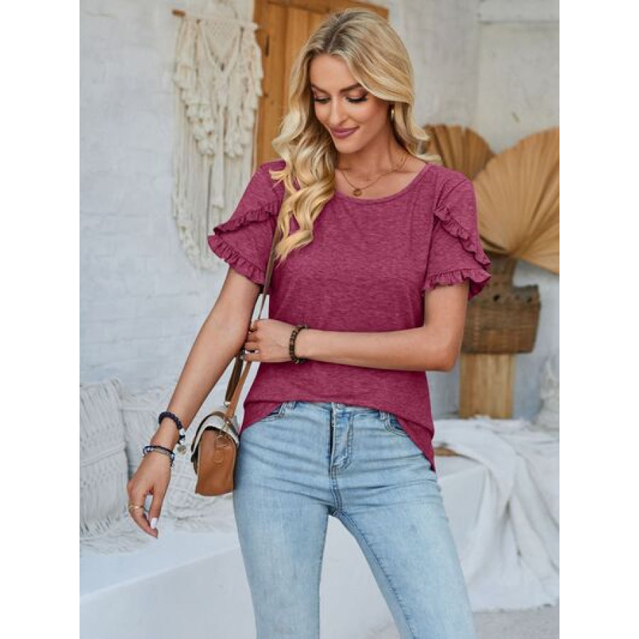 Frill Round Neck Petal Sleeve Blouse Apparel and Accessories