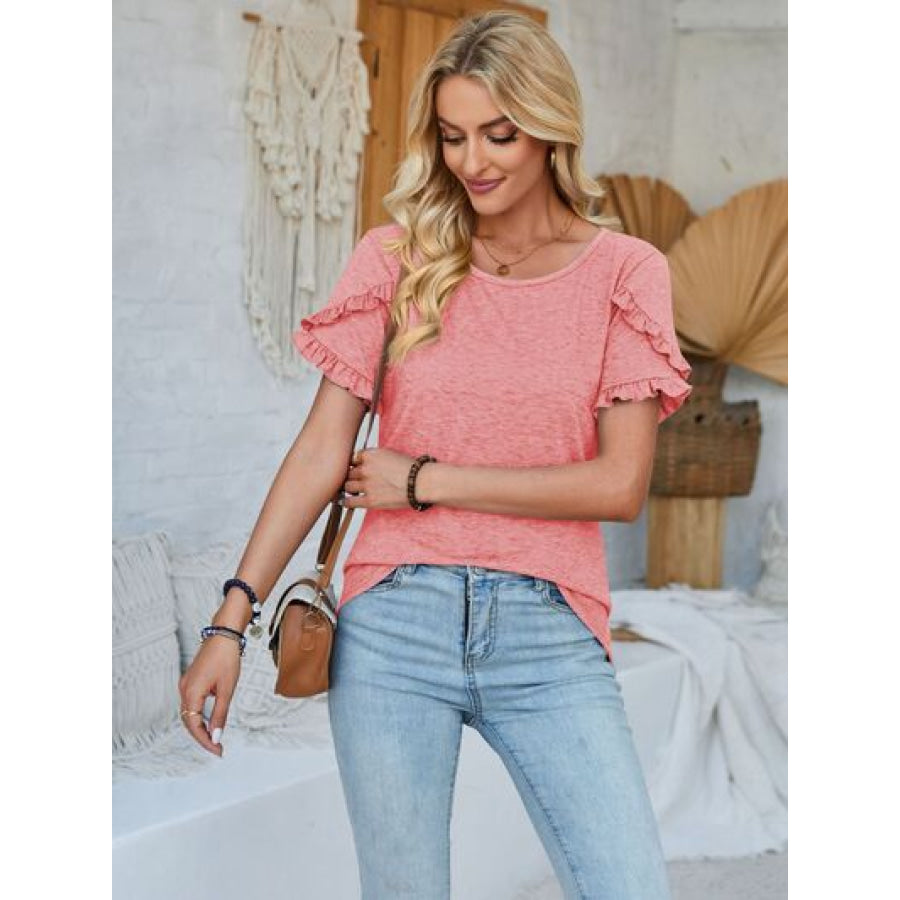 Frill Round Neck Petal Sleeve Blouse Apparel and Accessories