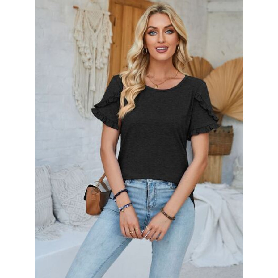 Frill Round Neck Petal Sleeve Blouse Black / S Apparel and Accessories