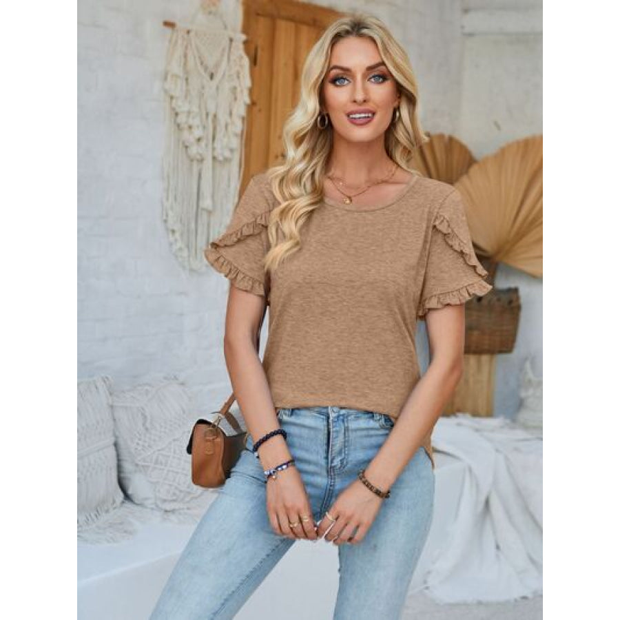 Frill Round Neck Petal Sleeve Blouse Camel / S Apparel and Accessories