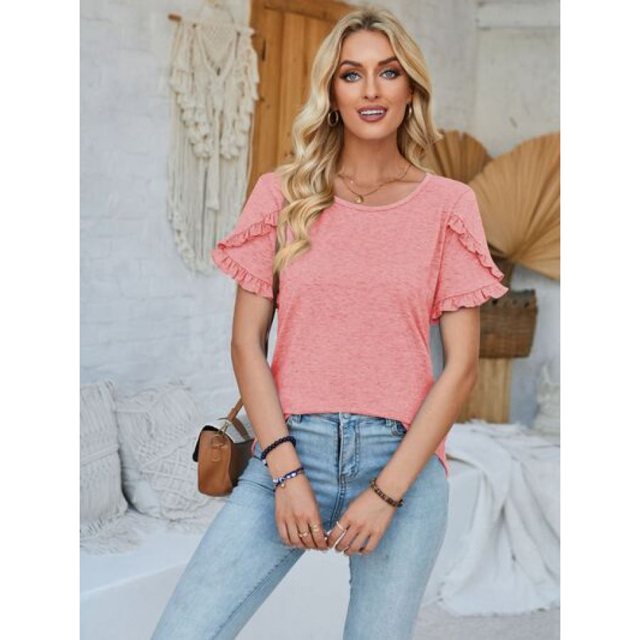 Frill Round Neck Petal Sleeve Blouse Coral / S Apparel and Accessories