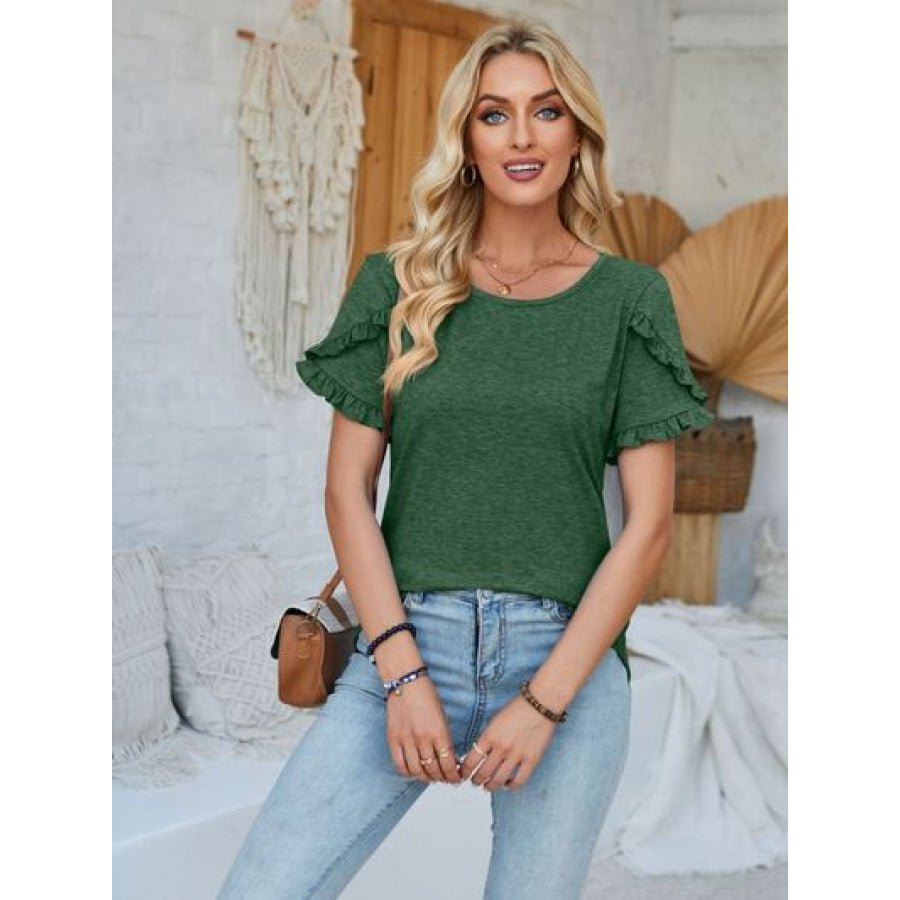 Frill Round Neck Petal Sleeve Blouse Green / S Apparel and Accessories