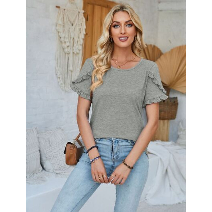 Frill Round Neck Petal Sleeve Blouse Heather Gray / S Apparel and Accessories