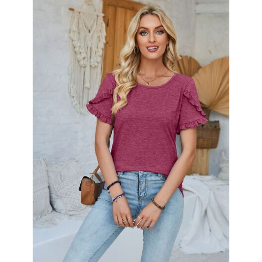 Frill Round Neck Petal Sleeve Blouse Magenta / S Apparel and Accessories