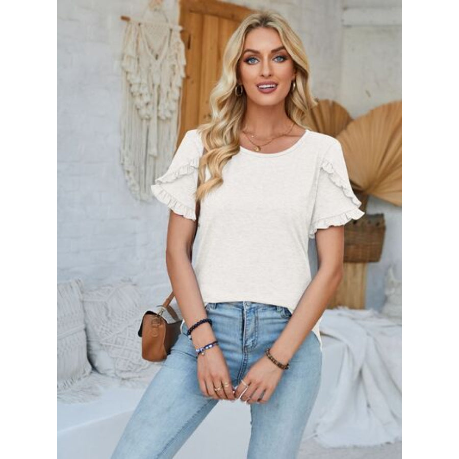 Frill Round Neck Petal Sleeve Blouse White / S Apparel and Accessories