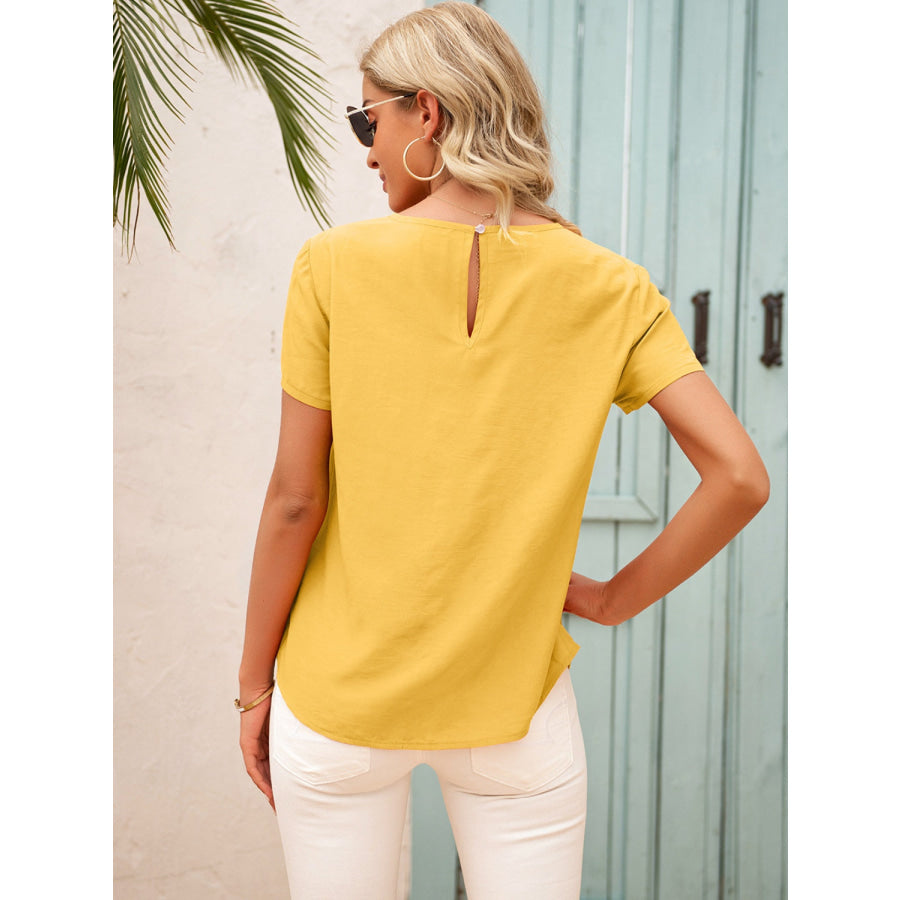 Frill Round Neck Short Sleeve Blouse Apparel and Accessories