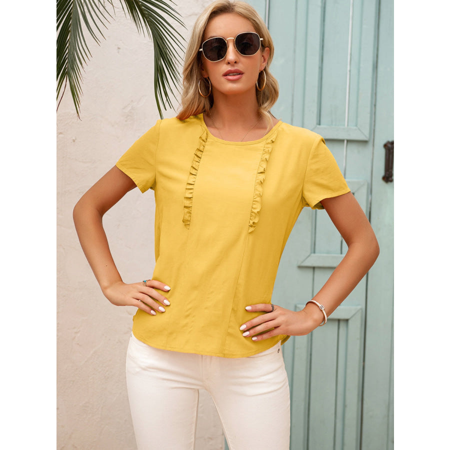 Frill Round Neck Short Sleeve Blouse Apparel and Accessories