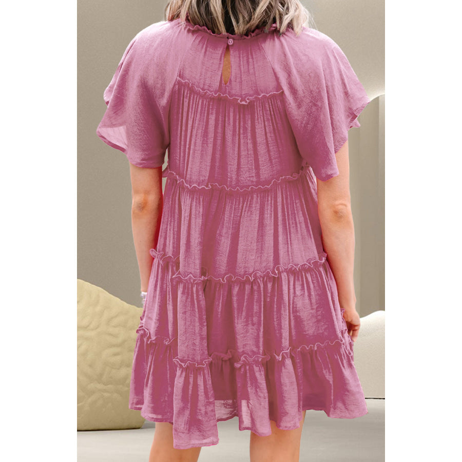 Frill Round Neck Short Sleeve Mini Dress Apparel and Accessories