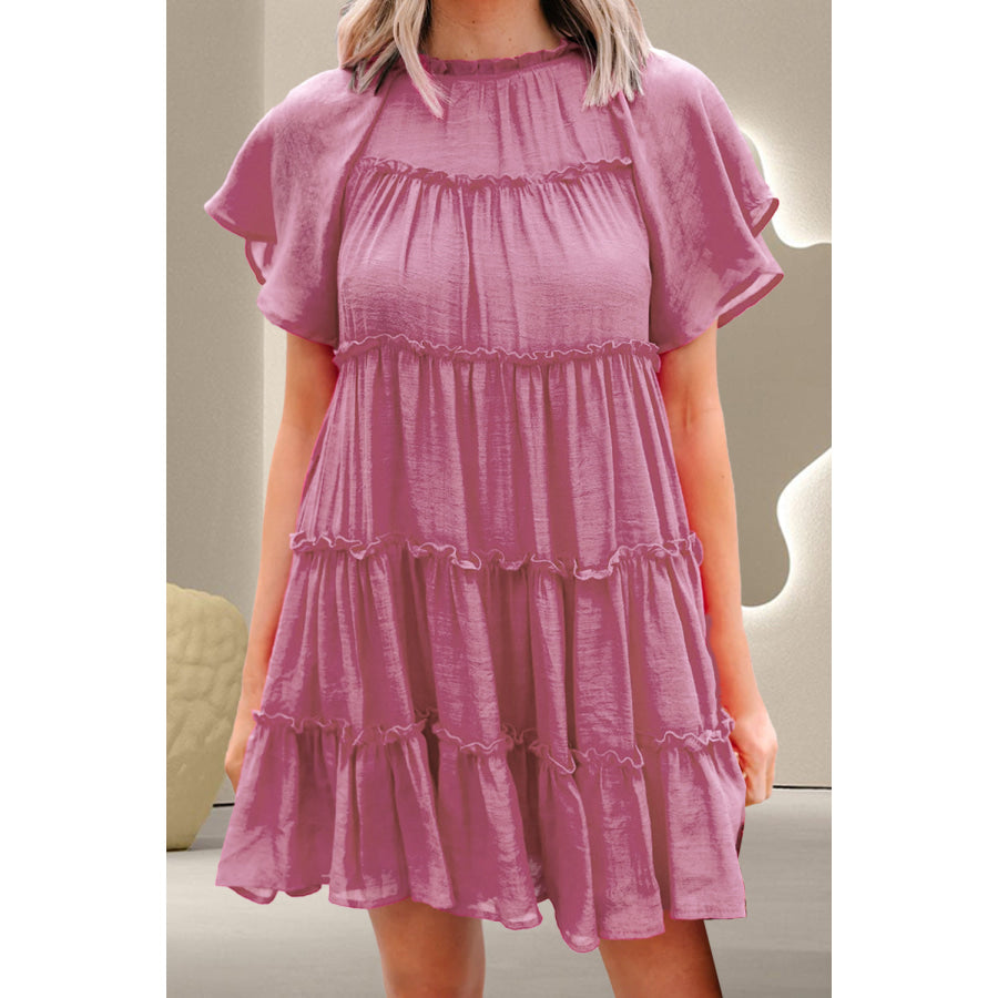 Frill Round Neck Short Sleeve Mini Dress Dusty Pink / S Apparel and Accessories