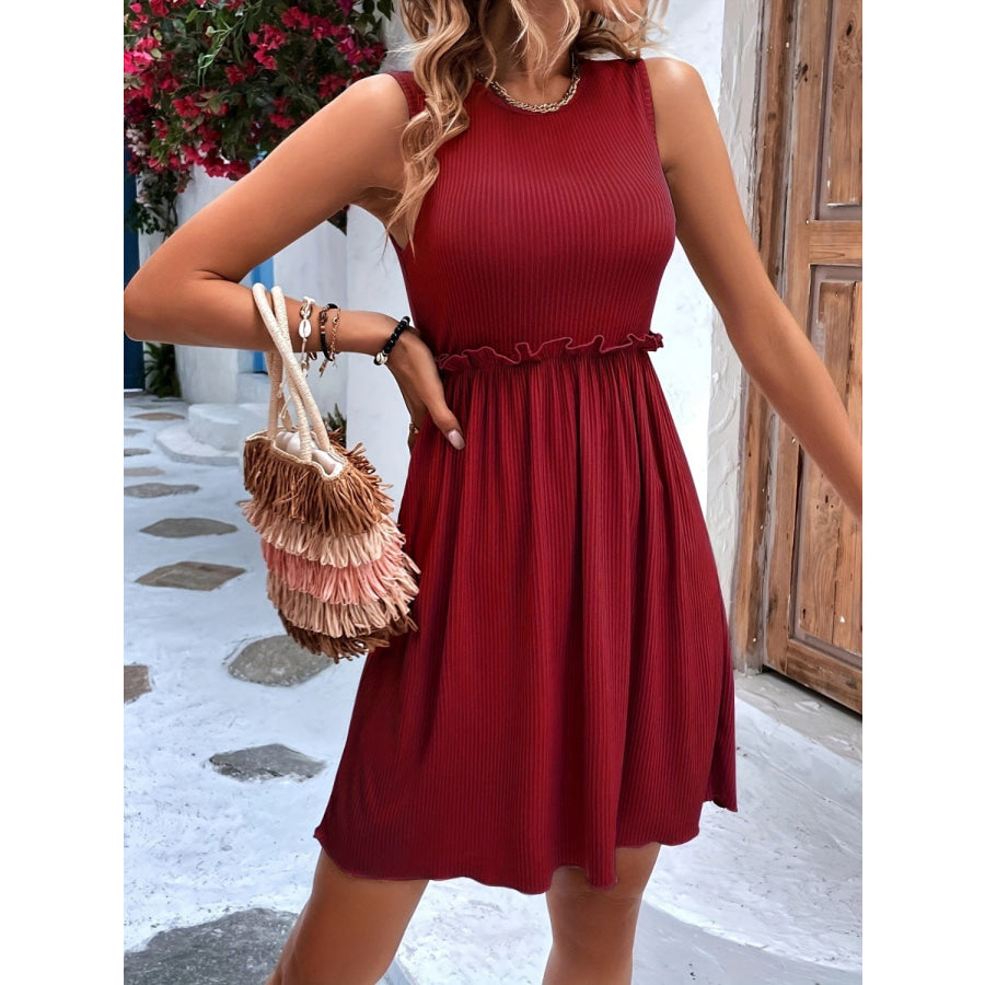 Frill Round Neck Sleeveless Mini Dress Burgundy / S Apparel and Accessories