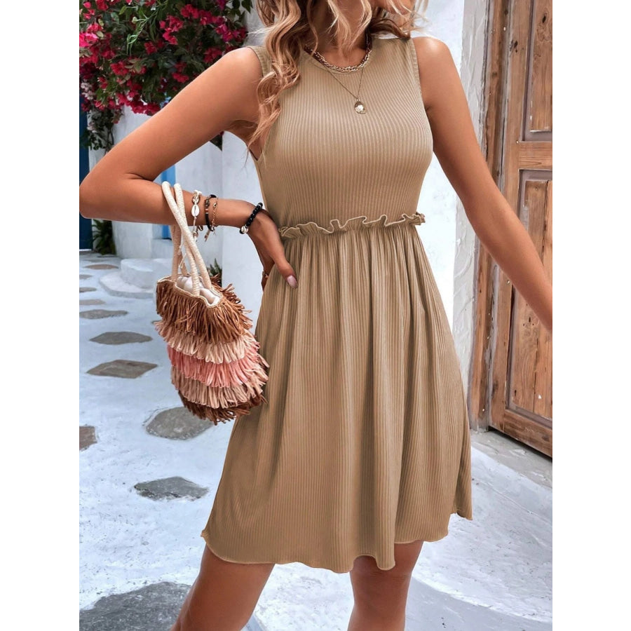 Frill Round Neck Sleeveless Mini Dress Camel / S Apparel and Accessories