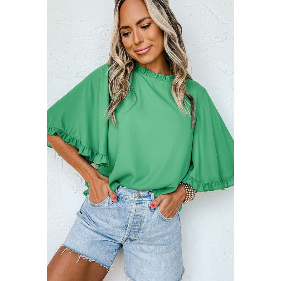 Frill Round Neck Wide Half Sleeve Blouse Apparel and Accessories