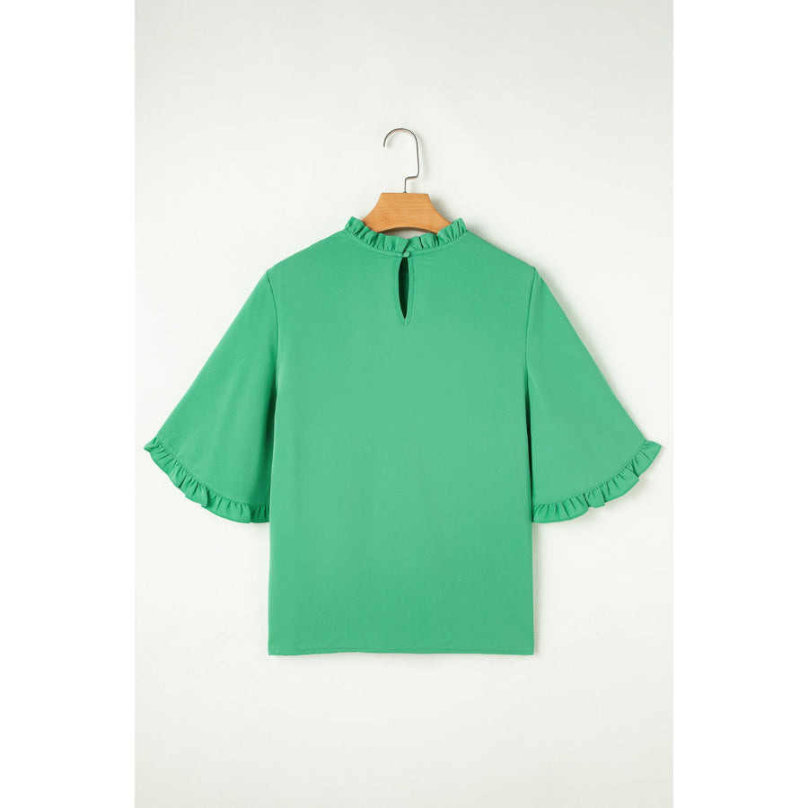 Frill Round Neck Wide Half Sleeve Blouse Apparel and Accessories