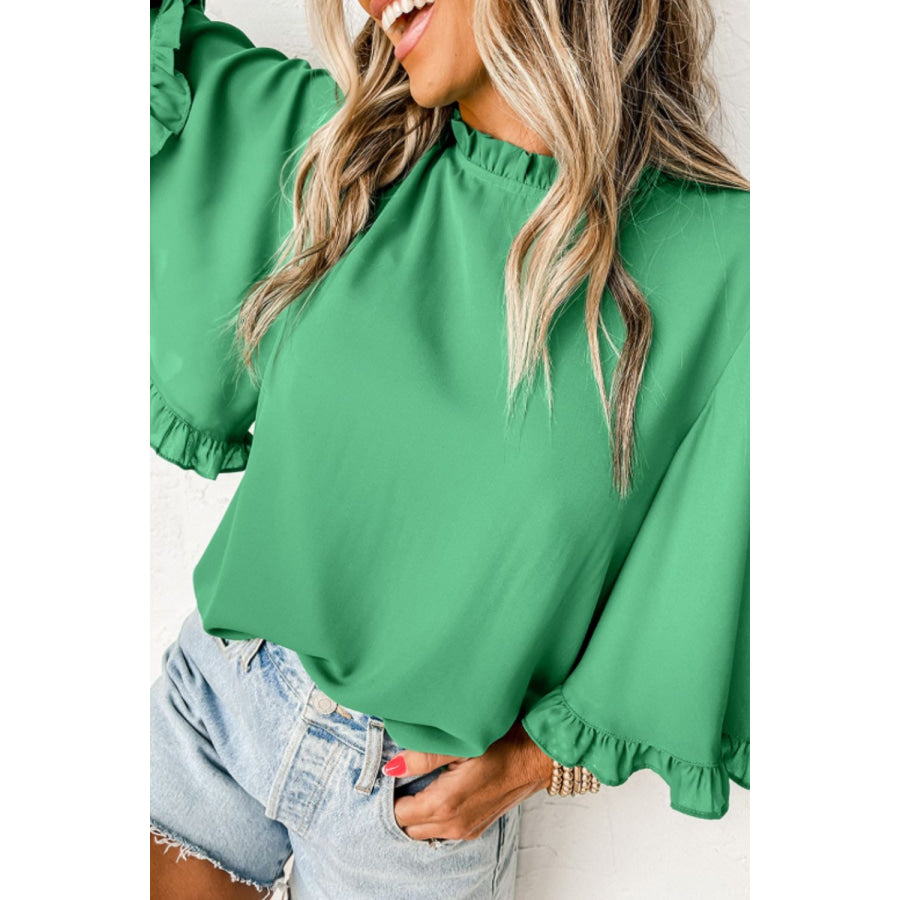 Frill Round Neck Wide Half Sleeve Blouse Apparel and Accessories