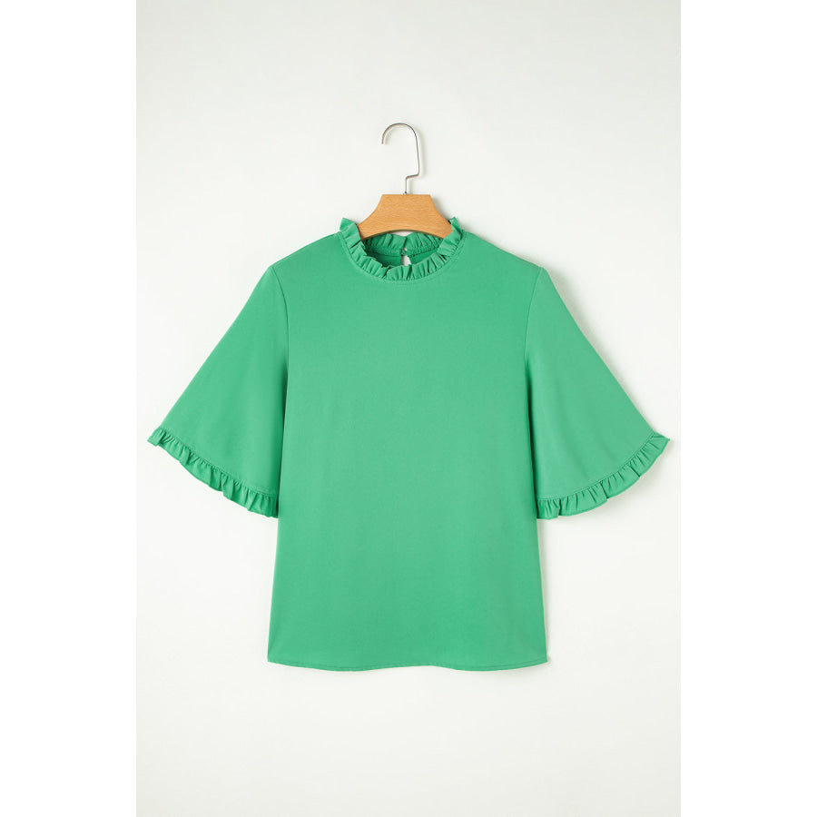 Frill Round Neck Wide Half Sleeve Blouse Apparel and Accessories