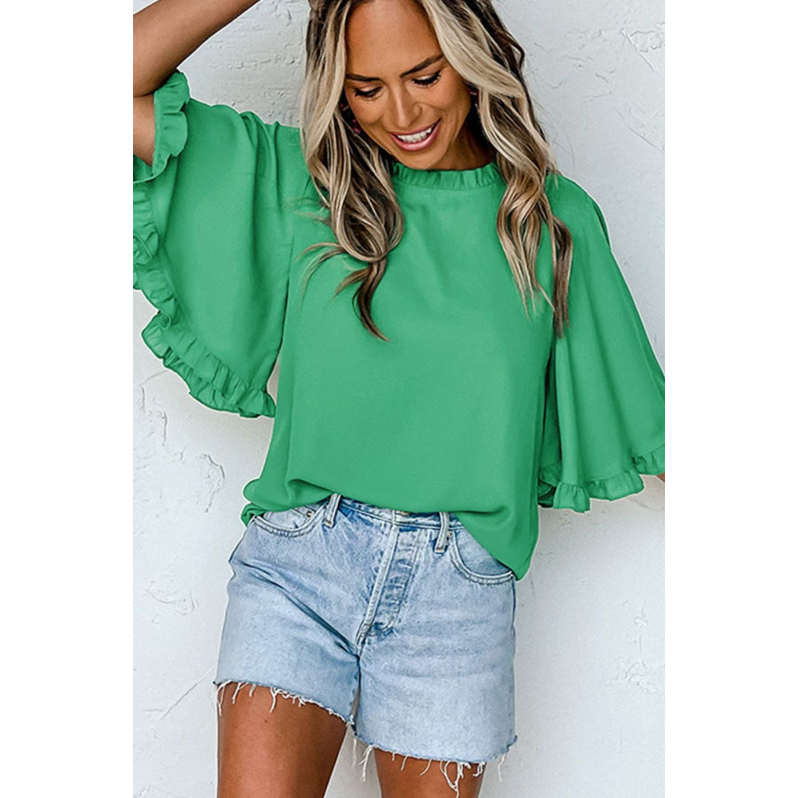 Frill Round Neck Wide Half Sleeve Blouse Apparel and Accessories