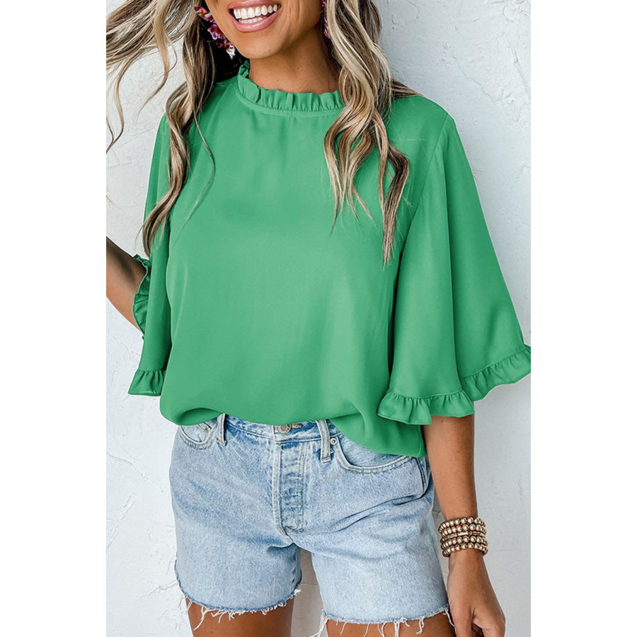 Frill Round Neck Wide Half Sleeve Blouse Green / S Apparel and Accessories