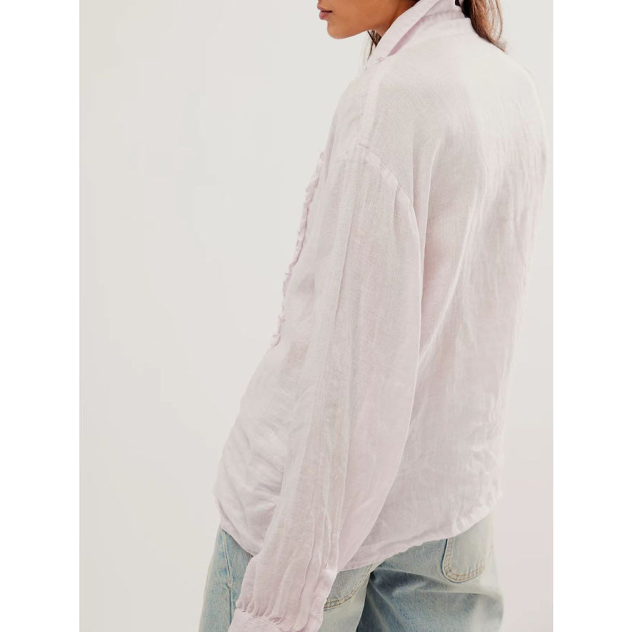 Frill Ruched Collared Neck Long Sleeve Shirt Apparel and Accessories