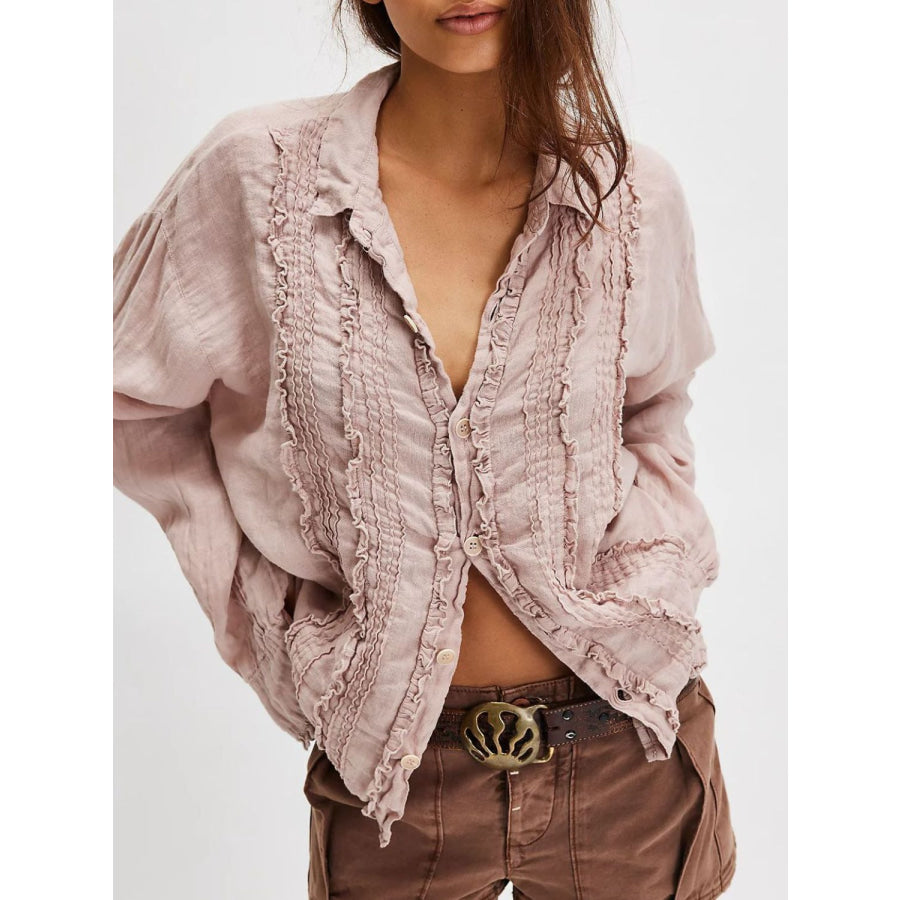 Frill Ruched Collared Neck Long Sleeve Shirt Apparel and Accessories