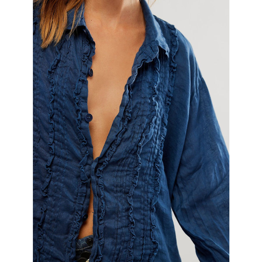 Frill Ruched Collared Neck Long Sleeve Shirt Apparel and Accessories