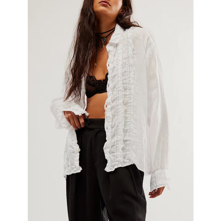 Frill Ruched Collared Neck Long Sleeve Shirt Apparel and Accessories