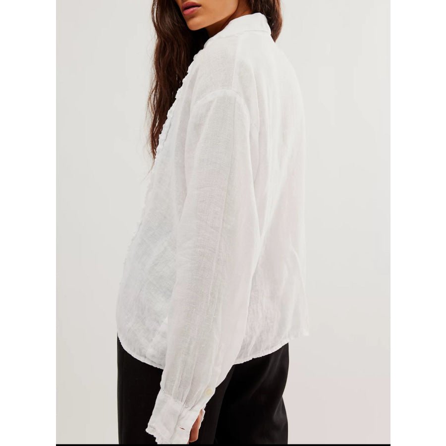 Frill Ruched Collared Neck Long Sleeve Shirt Apparel and Accessories