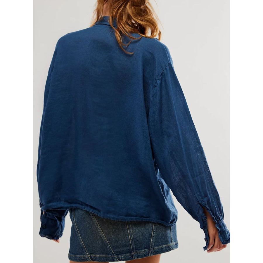 Frill Ruched Collared Neck Long Sleeve Shirt Apparel and Accessories