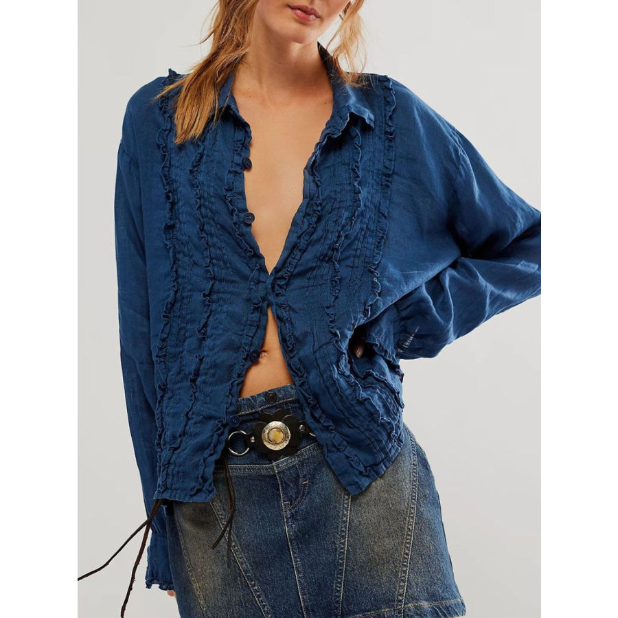 Frill Ruched Collared Neck Long Sleeve Shirt Dark Blue / S Apparel and Accessories