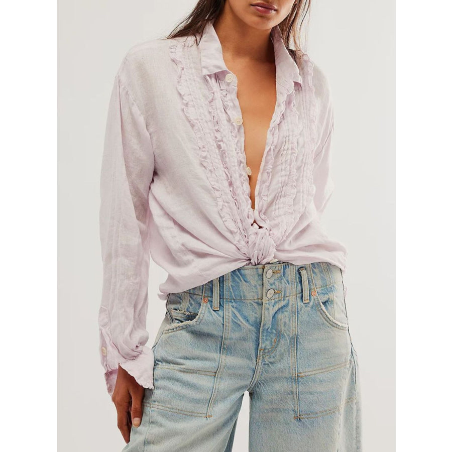 Frill Ruched Collared Neck Long Sleeve Shirt Pink Purple / S Apparel and Accessories