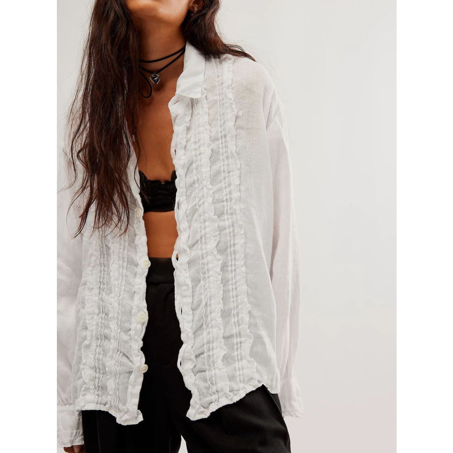 Frill Ruched Collared Neck Long Sleeve Shirt White / S Apparel and Accessories