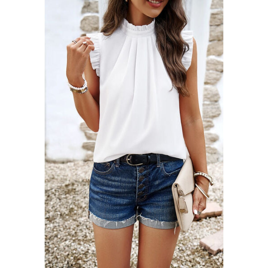 Frill Ruched Mock Neck Sleeveless Blouse Apparel and Accessories