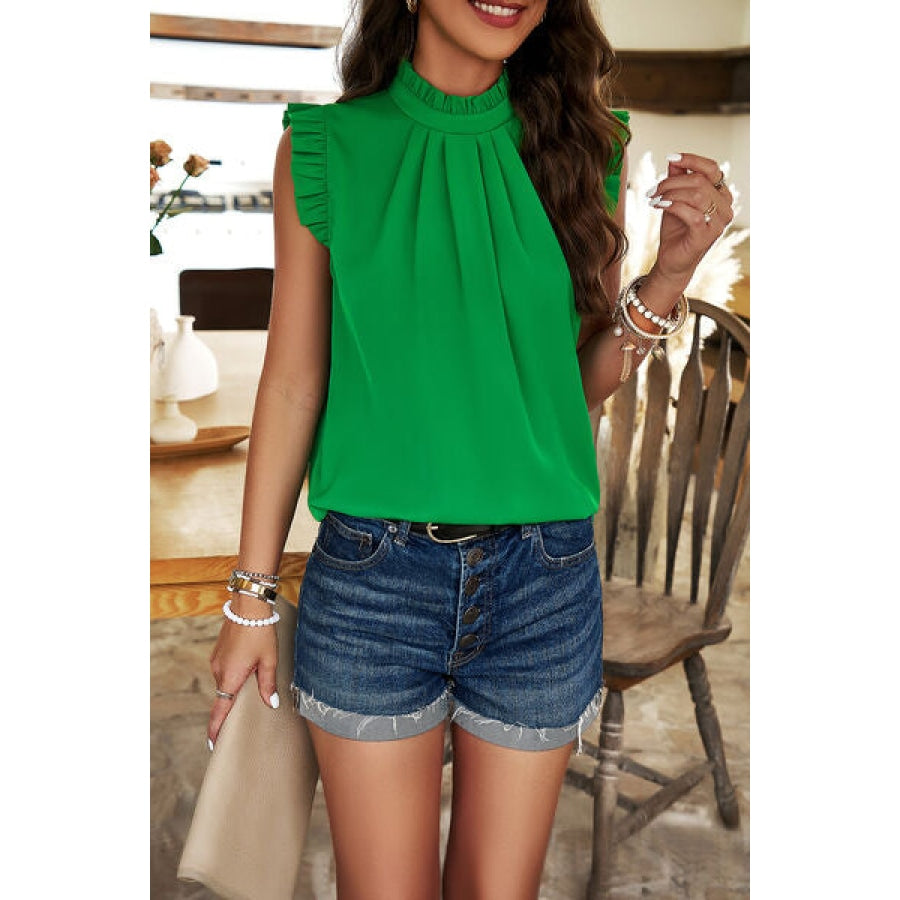 Frill Ruched Mock Neck Sleeveless Blouse Apparel and Accessories