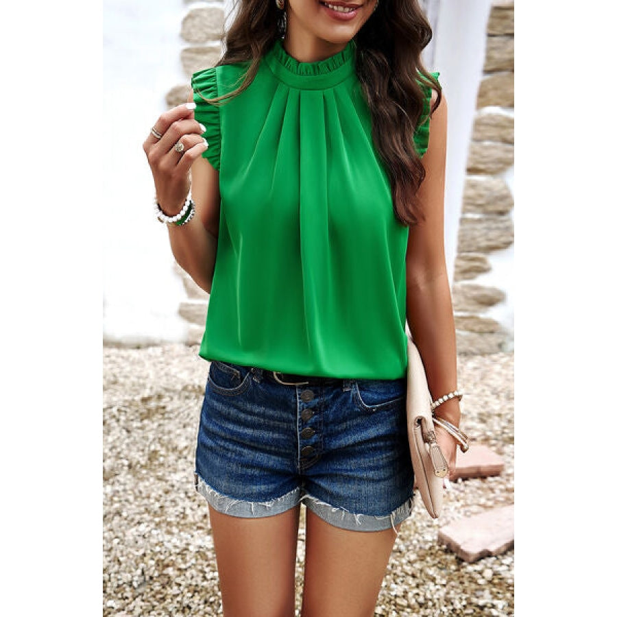 Frill Ruched Mock Neck Sleeveless Blouse Apparel and Accessories