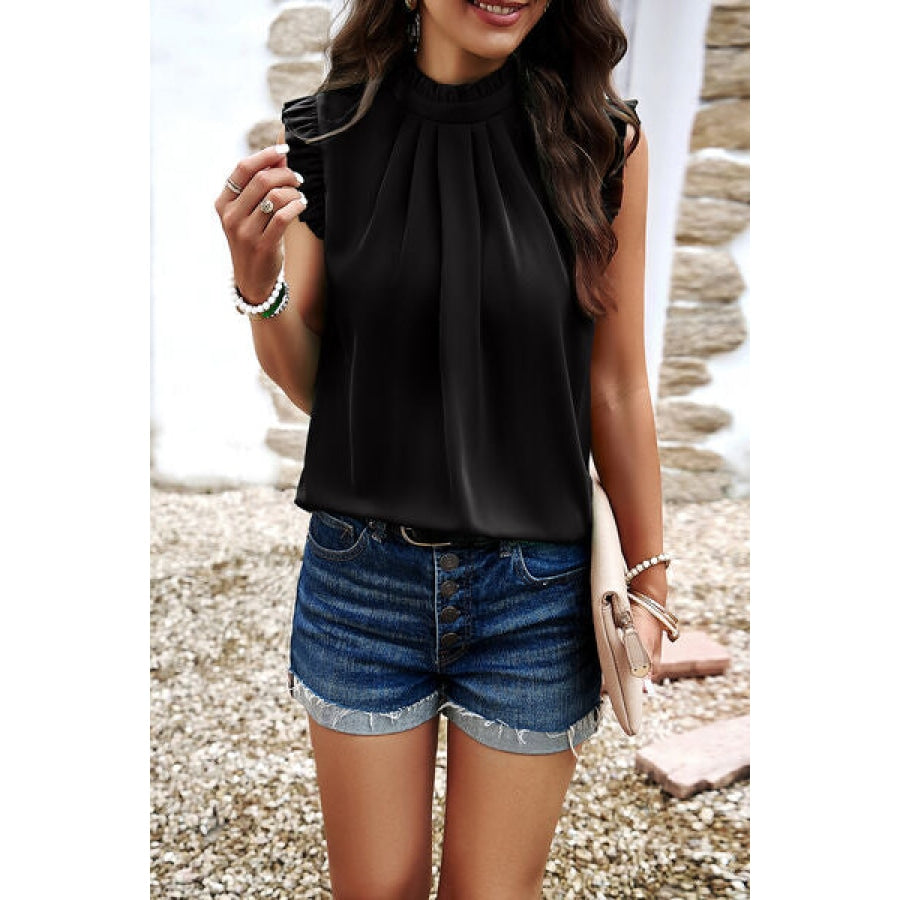 Frill Ruched Mock Neck Sleeveless Blouse Black / S Apparel and Accessories