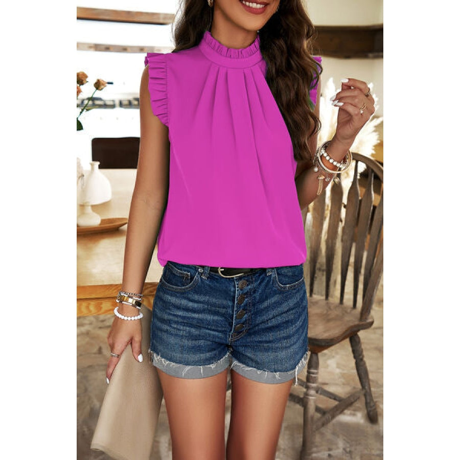 Frill Ruched Mock Neck Sleeveless Blouse Fuchsia / S Apparel and Accessories