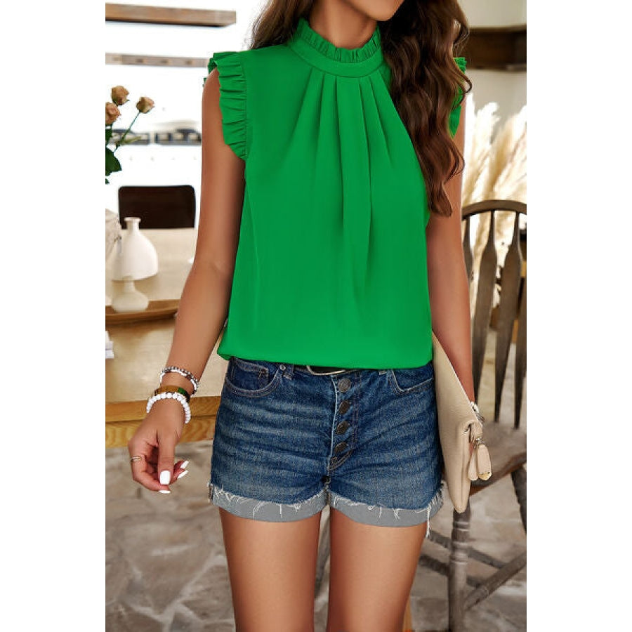 Frill Ruched Mock Neck Sleeveless Blouse Mid Green / S Apparel and Accessories