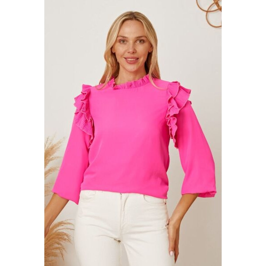 Frill Ruffled Three-Quarter Sleeve Blouse Hot Pink / S Clothing