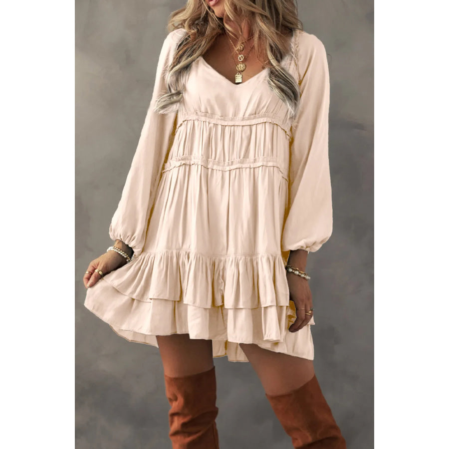 Frill Ruffled V-Neck Long Sleeve Mini Dress Apparel and Accessories