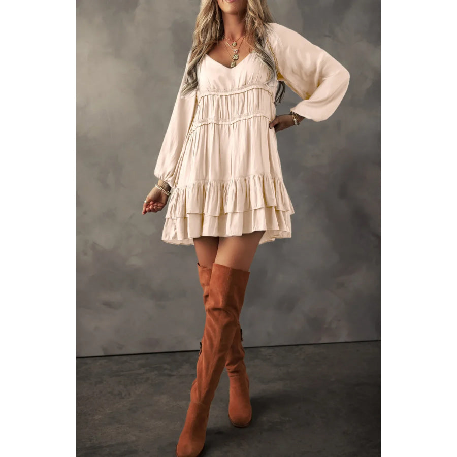 Frill Ruffled V-Neck Long Sleeve Mini Dress Apparel and Accessories