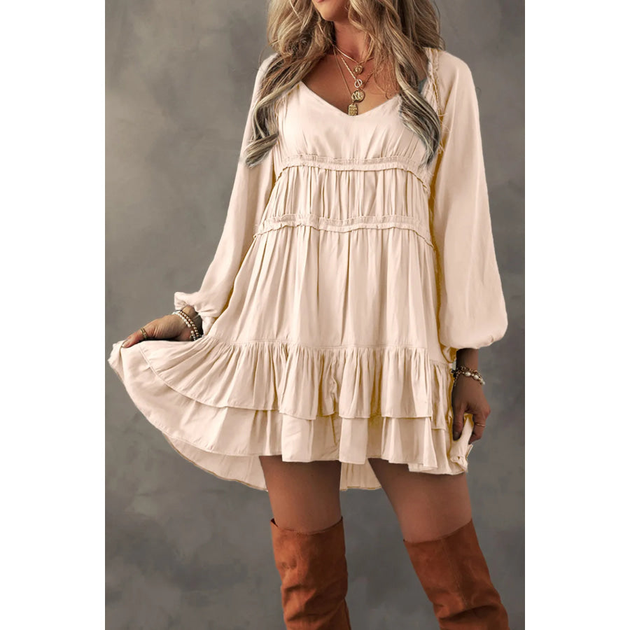 Frill Ruffled V-Neck Long Sleeve Mini Dress Eggshell / S Apparel and Accessories