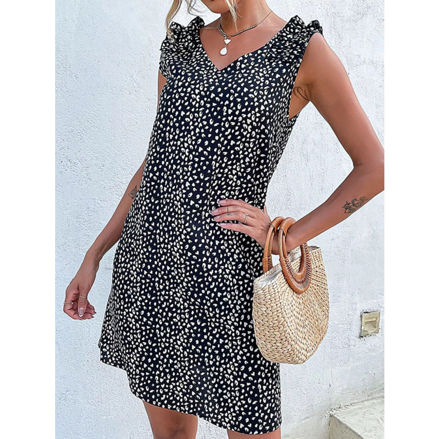 Frill Sleeveless Leopard Print Mini Dress Black / S Apparel and Accessories