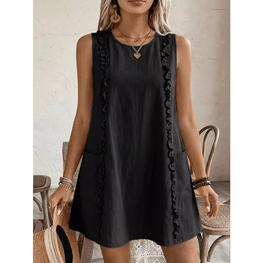 Frill Sleeveless Round Neck Dress Black / S Apparel and Accessories