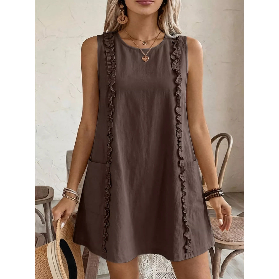 Frill Sleeveless Round Neck Dress Coffee Brown / S Apparel and Accessories