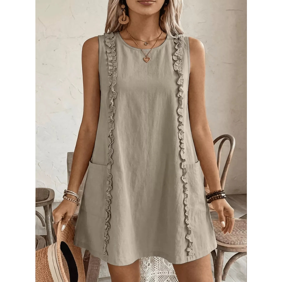 Frill Sleeveless Round Neck Dress Khaki / S Apparel and Accessories