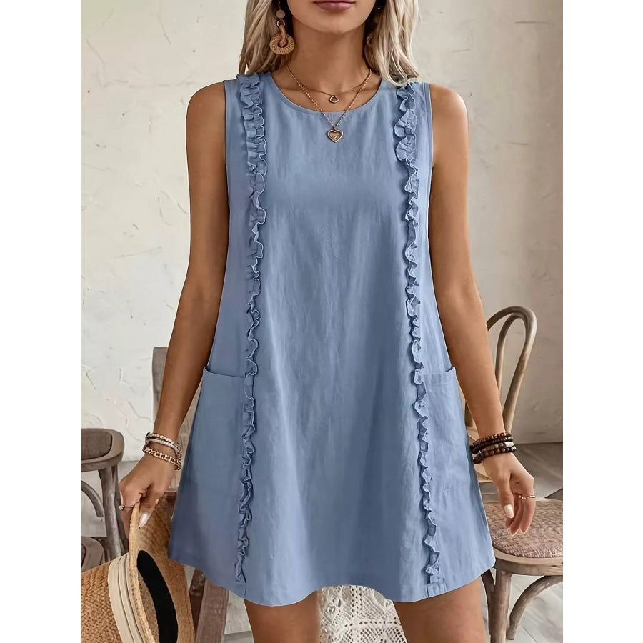 Frill Sleeveless Round Neck Dress Light Blue / S Apparel and Accessories