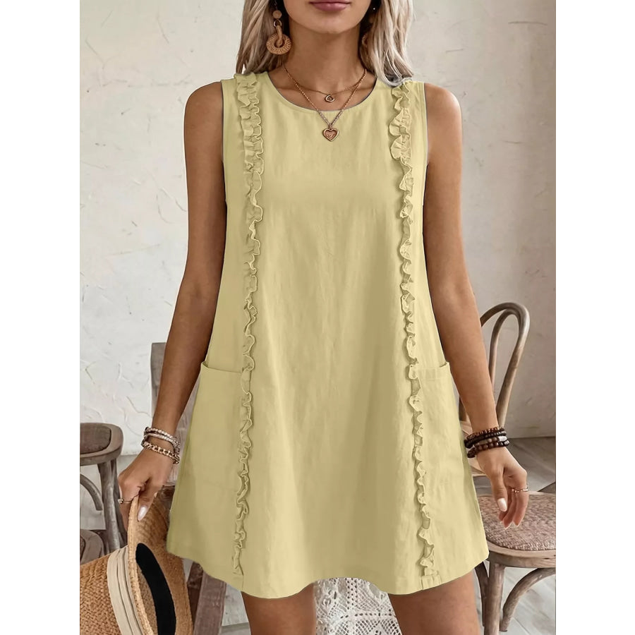 Frill Sleeveless Round Neck Dress Pastel Yellow / S Apparel and Accessories