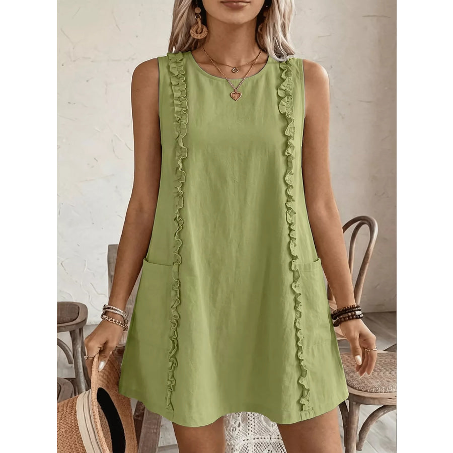 Frill Sleeveless Round Neck Dress Yellow-Green / S Apparel and Accessories