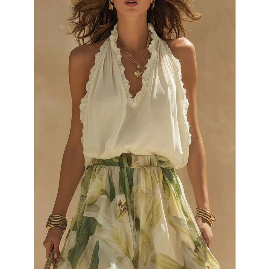 Frill Sleeveless Top and Wide-Leg Pants Two-Piece Set Apparel and Accessories